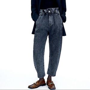 ZARA Baggy Paper Bag Waist Cropped Jeans Relaxed Fit Faded Black Sz 4